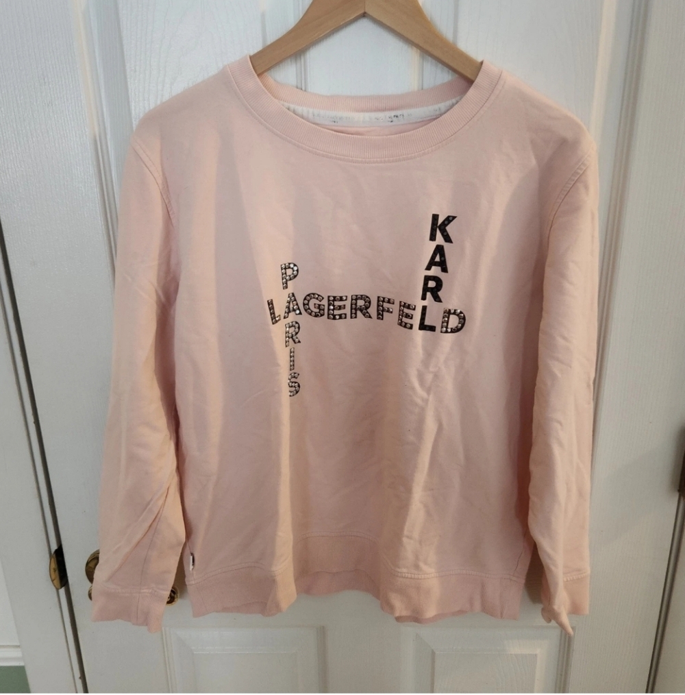 Karl Lagerfeld Paris Womens Size M Pink Rhinestone Graphic Crewneck Sweatshirt